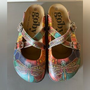 Goby Multicolored Clogs size 37. Dragonfly, Artsy, buckle straps, festival